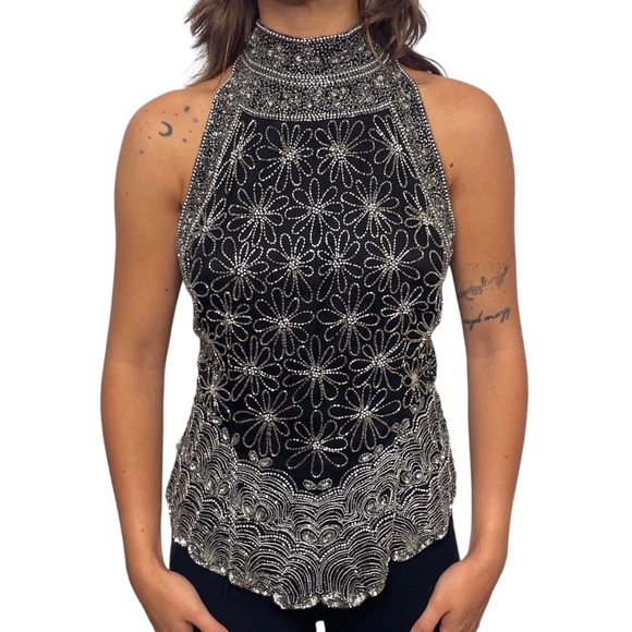 90s Beaded Silk Sleeveless Halter Top - Picture 1 of 7